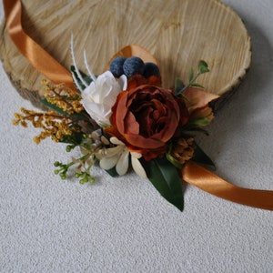 Terracotta rust ivory wedding corsages, Fall wedding flowers, Wedding wrist corsage