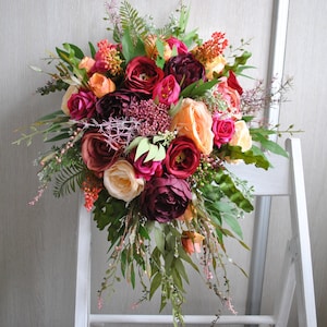 Hot pink orange wedding bouquet, Summer wedding bouquet, Cascading bridal bouquet, Rustic bouquet