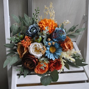 Dark teal rust bouquet, Fall bridal bouquet, Navy blue orange flowers