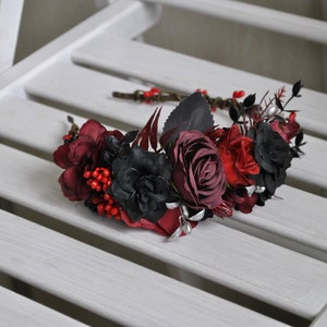 Black burgundy red flower crown, Gothic wedding crown, Halloween wedding