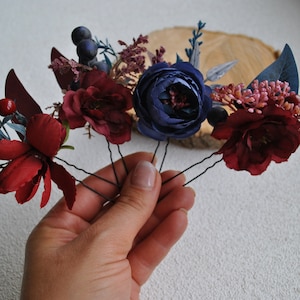 Burgundy navy  flower hair pins, Floral comb, Fall wedding hair pins