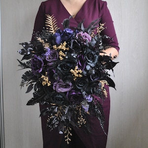 Purple gold black bouquet, Cascading bouquet, Gothic wedding bouquet, Halloween wedding