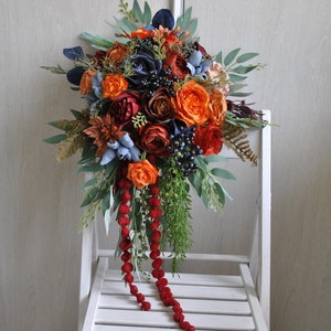 Rust orange navy wedding bouquet, Fall bridal bouquet, Cascading bouquet