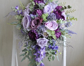 Purple wedding bouquet, Cascading bouquet, Boho wedding