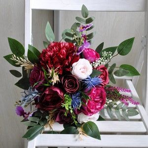 Emerald green hot pink bridesmaid bouquet, Jewel tone wedding bouquet, Fall wedding