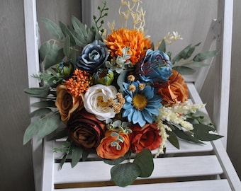 Dark teal rust bouquet, Fall bridal bouquet, Navy blue orange flowers