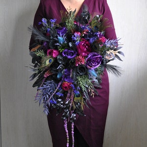 Purple black hot pink bouquet, Gothic wedding flowers bouquet, Cascading bouquet, Halloween wedding