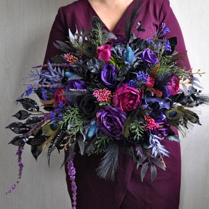 Jewel tone bridal bouquet, Gothic wedding bouquet, Cascading bouquet, Halloween wedding