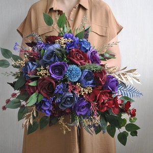 Burgundy purple navy gold bouquet, Dark jewel tone bridal bouquet, Gothic wedding bouquet, Cascading bouquet