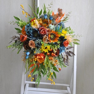 Sunflower bouquet, Dark teal rust orange bridal bouquet, Fall rustic wedding, Summer wedding