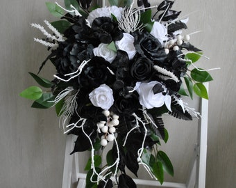 Black white cascading bouquet, Gothic wedding bouquet,  Halloween wedding,