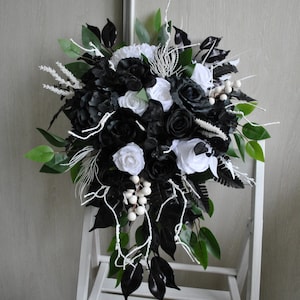 Black white cascading bouquet, Gothic wedding bouquet,  Halloween wedding,
