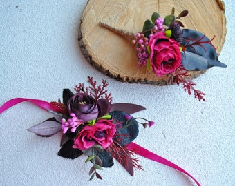 Black pink boutonniere for men, Gothic wedding, Wedding buttonhole, Wedding corsage