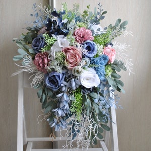 Cascading wedding bouquet, Dusty blue bouquet, Bridal wedding bouquet