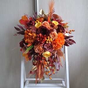 Ruust burgundy orange bouquet, Cascading bouquet,  Fall wedding bouquet, Boho wedding