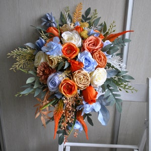 Orange light blue wedding bouquet, Cascading bouquet, Fall wedding bouquet