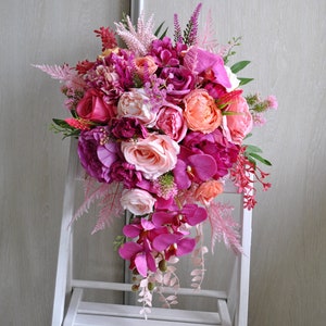 Jewel tone bouquet, Hot pink peach magenta wedding flowers, Cascading bouquet