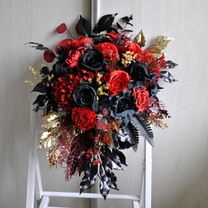 Black red gold cascading bouquet, Gothic wedding bouquet, Halloween wedding bouquet Bridal 13''