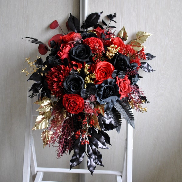 Black red  gold cascading bouquet, Gothic wedding bouquet,  Halloween wedding bouquet