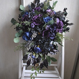 Gothic wedding bouquet, Black purple bridal bouquet, Halloween wedding bouquet, Cascading bouquets