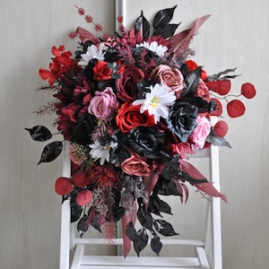 Black burgundy red cascading bouquet, Gothic wedding bouquet,  Halloween wedding bouquet