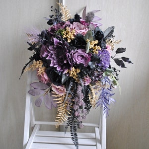 Dusty purple gold black bouquet,  Gothic wedding bouquet, Cascading bouquet, Halloween wedding