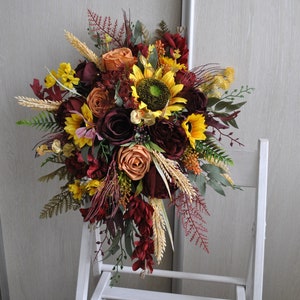 Burgundy sunflower cascading bouquet, Fall wedding, Rustic wedding, Boho wedding flowers
