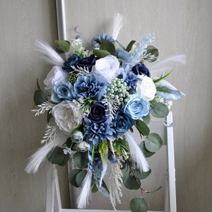 Dusty blue white wedding  bouquet, Cascading bouquet, Blue wedding bouquet