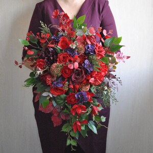 Red purple flowers bridal bouquet, Fall wedding bouquet, Silk flowers bouquet