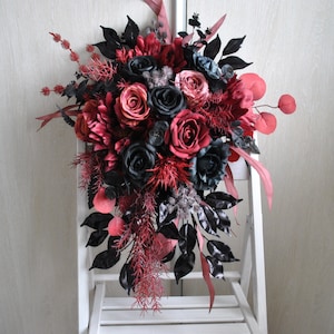 Black burgundy  cascading bouquet, Gothic wedding bouquet,  Halloween wedding bouquet