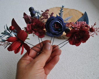 Burgundy navy  flower hair pins, Floral comb, Fall wedding hair pins