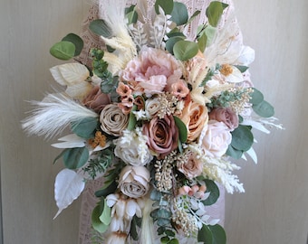 Boho wedding bouquet, Cascading bouquet, Ivory pampas wedding bouquet