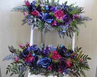 Jewel tone arch flowers, Navy blue purple arch arrangement, Halloween wedding