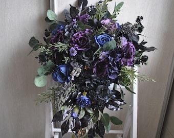 Gothic wedding bouquet, Black purple bridal bouquet, Halloween wedding bouquet, Cascading bouquets