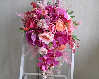 Jewel Tone Bouquet, Hot Pink Peach Magenta Wedding Flowers