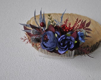 Burgundy navy blue floral comb, Fall wedding bridal accessories, Winter flower comb