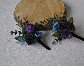 Black purple boutonniere for men, Gothic wedding, Halloween wedding, Wedding buttonhole