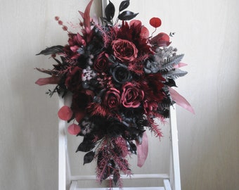 Burgundy black cascading bouquet, Gothic wedding bouquet,  Halloween wedding bouquet