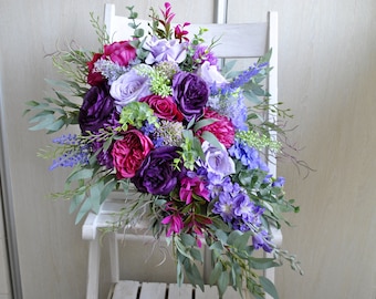 Purple hot pink wedding bouquet, Lavender bouquet, Cascading bridal bouquet boho, Fall wedding