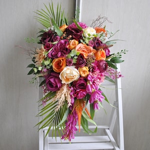 Hot pink orange wedding bouquet, Summer weding bouquet, Cascading bridal bouquet