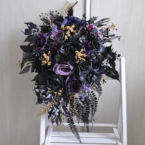 Purple black bouquet, Gothic wedding bouquet,  Halloween wedding, Cascading bouquet