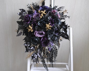 Purple black bouquet, Gothic wedding bouquet,  Halloween wedding, Cascading bouquet