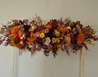 Rust burgundy orange arch flower, Fall wedding flowers for arch, Rust boho wedding