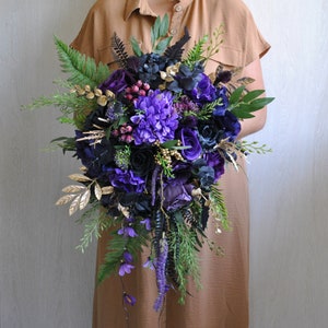 Purple black bouquet, Gothic wedding bouquet,  Halloween wedding, Cascading bouquet