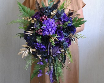 Purple black bouquet, Gothic wedding bouquet,  Halloween wedding, Cascading bouquet