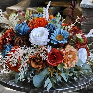Dark teal rust orange centerpiece, Fall wedding decor, Table arrangement