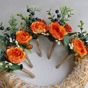 Rust orange blue boutonniere, Groomsmen buttonhole, Wedding boutonniere for men