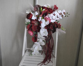 Burgundy white wedding bouquet, Exotic wedding, Cascading bouquet