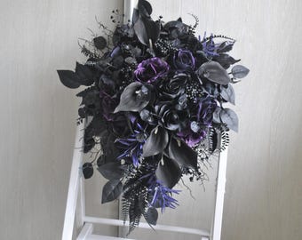 Black purple bridal bouquet, Gothic wedding cascading bouquet, Fall wedding
