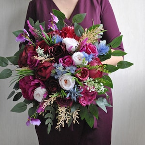 Jewel tone wedding bouquet, Emerald green hot pink bridal bouquet, Fall wedding